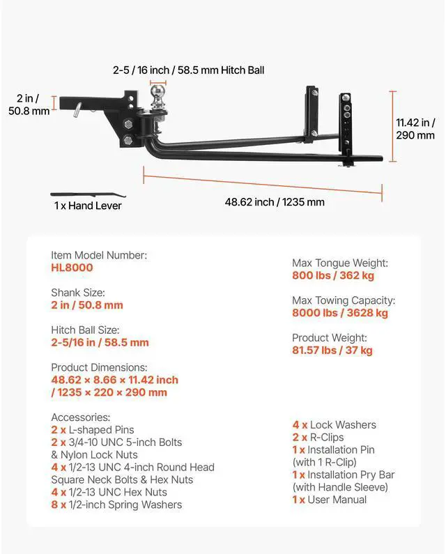 Alt view image 2 of 6 - Weight Distribution Hitch, 8000 lbs Max Towing & 800 lbs Max Tongue, Weight Distributing Hitches Kit with Sway Control Includes 2 in Shank & 2-5/16 in Ball, Load Leveling Hitch for Trailers