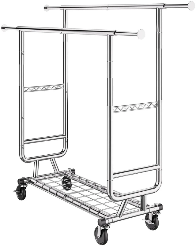 Alt view image 2 of 7 - Heavy Duty Clothes Rack, Double Hanging Rod Clothing Garment Rack for Hanging Clothes, Adjustable Height and Extendable Length Clothing Rack with Bottom Storage Area, 600 lbs Load Capacity