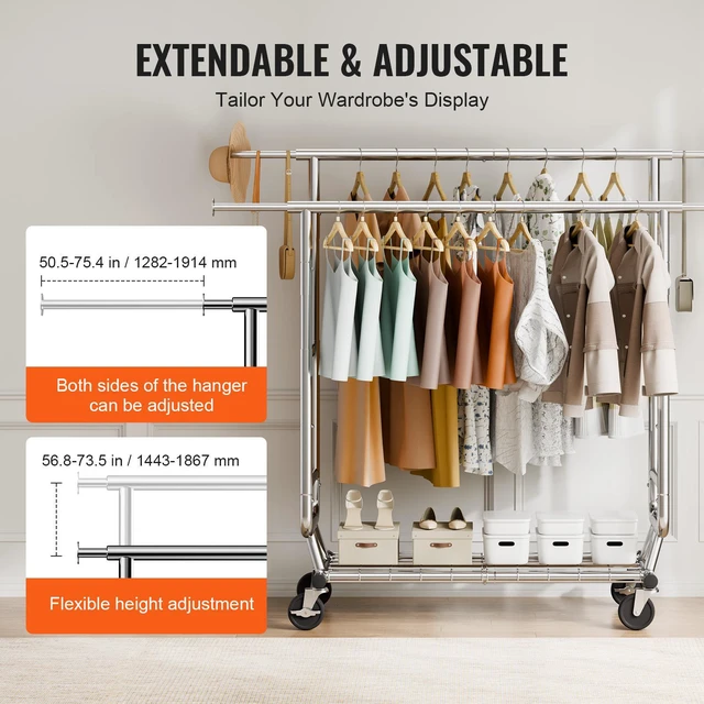 Alt view image 5 of 7 - Heavy Duty Clothes Rack, Double Hanging Rod Clothing Garment Rack for Hanging Clothes, Adjustable Height and Extendable Length Clothing Rack with Bottom Storage Area, 600 lbs Load Capacity