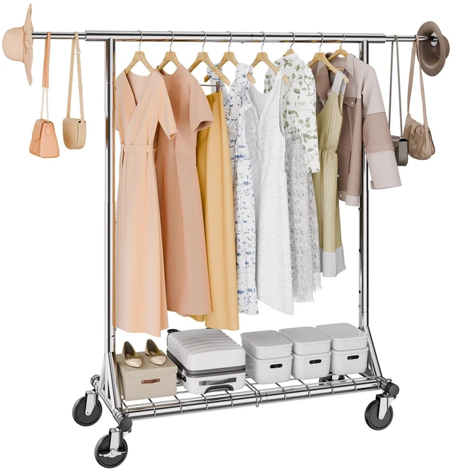 Alt view image 4 of 7 - Heavy Duty Clothes Rack, Double Hanging Rod Clothing Garment Rack for Hanging Clothes, Adjustable Height and Extendable Length Clothing Rack with Bottom Storage Area, 600 lbs Load Capacity