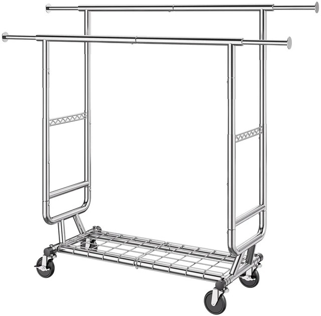 Alt view image 7 of 7 - Heavy Duty Clothes Rack, Double Hanging Rod Clothing Garment Rack for Hanging Clothes, Adjustable Height and Extendable Length Clothing Rack with Bottom Storage Area, 600 lbs Load Capacity