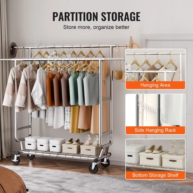 Alt view image 6 of 7 - Heavy Duty Clothes Rack, Double Hanging Rod Clothing Garment Rack for Hanging Clothes, Adjustable Height and Extendable Length Clothing Rack with Bottom Storage Area, 600 lbs Load Capacity