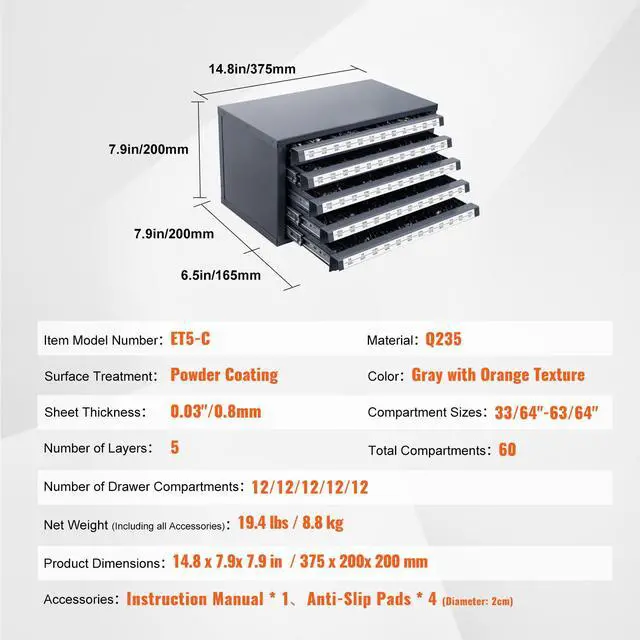 Alt view image 6 of 7 - Drill Bit Dispenser Cabinet, Five-Drawer Drill Bit Organizer Cabinet for 33/64" to 63/64" Steel Drill Dispenser Organizer Cabinet with Labels, Stackable Drill Dispenser for Drill Bit Storage