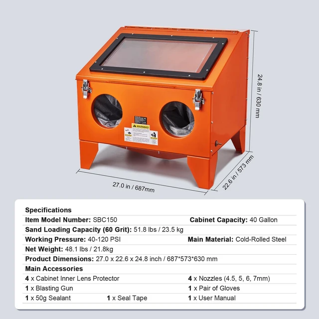 Alt view image 7 of 7 - 40 Gallon Sandblasting Cabinet, 40-120PSI Portable Benchtop Sand Blasting Cabinet, Heavy Duty Steel Sand Blaster with Blasting Gun & 4 Ceramic Nozzles for Paint, Stain, Rust Removal