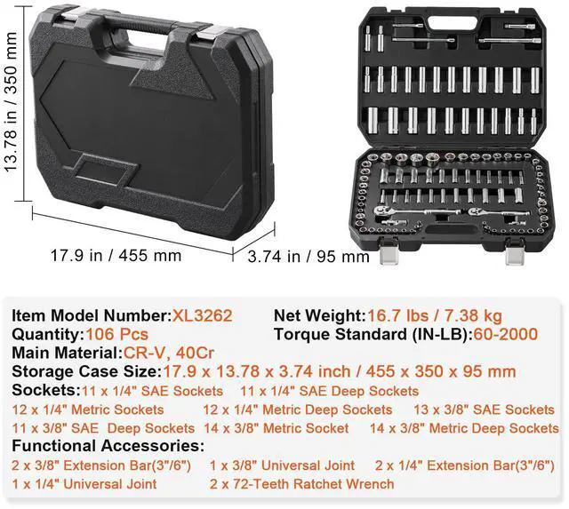 Alt view image 5 of 7 - Socket Set, 1/4" and 3/8" Drive Socket and Ratchet Set, 6-Point Socket Opening, 106 Pcs Tool Set SAE and Metric, Deep and Standard Sockets, 5/32-1 in, 5-19 mm, with Accessories, Storage Case