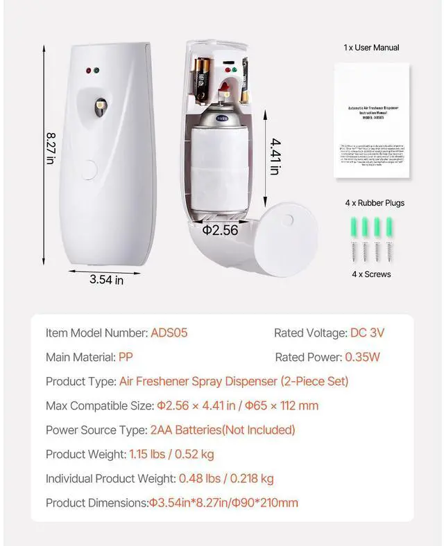 Alt view image 7 of 7 - Automatic Air Freshener Spray Dispenser, 2-Pack, Wall Mounted or Free Standing, Battery Operated, Multiple Time Settings for Home, Indoor, Bathrooms, Offices, Hotels, Commercial Places, White
