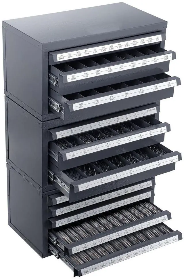 Main image of Drill Bit Dispenser Cabinet, 3 Pieces Three-Drawer for 1/16" to 1/2" & Letter Sizes A to Z, Five-Drawer Drill Bit Organizer for Wire Gauge Sizes #1 to #60, Stackable for Drill Bit Storage