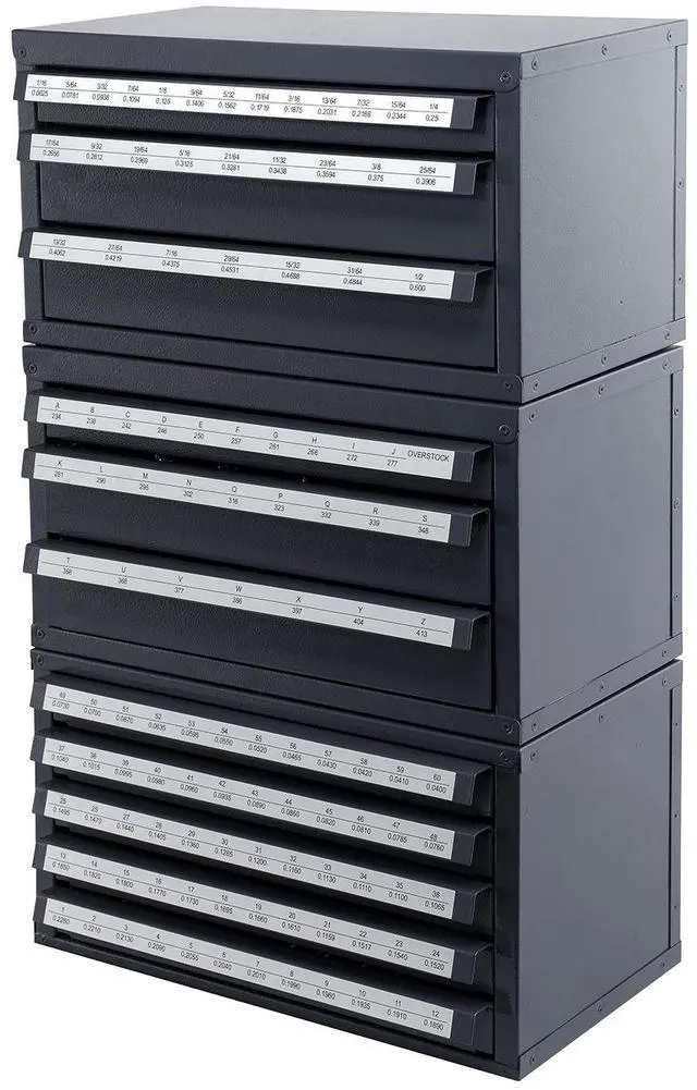 Alt view image 2 of 7 - Drill Bit Dispenser Cabinet, 3 Pieces Three-Drawer for 1/16" to 1/2" & Letter Sizes A to Z, Five-Drawer Drill Bit Organizer for Wire Gauge Sizes #1 to #60, Stackable for Drill Bit Storage