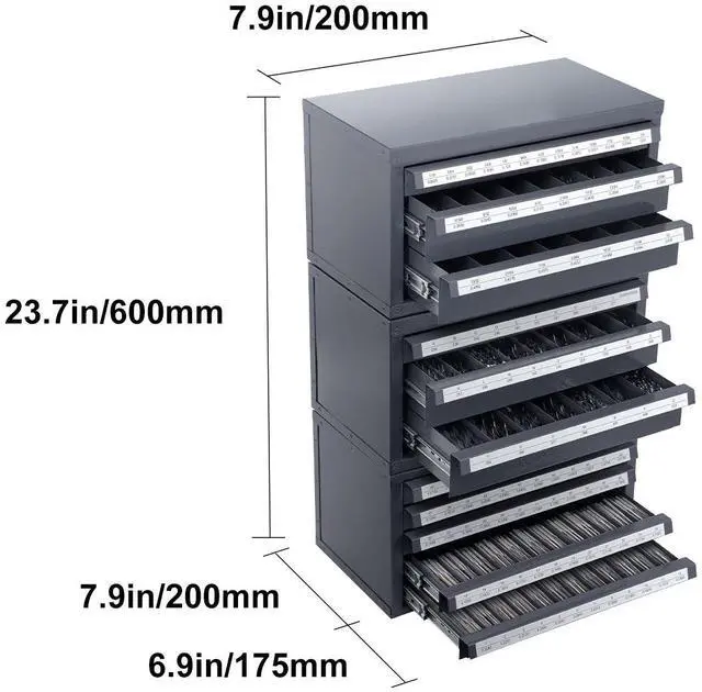 Alt view image 3 of 7 - Drill Bit Dispenser Cabinet, 3 Pieces Three-Drawer for 1/16" to 1/2" & Letter Sizes A to Z, Five-Drawer Drill Bit Organizer for Wire Gauge Sizes #1 to #60, Stackable for Drill Bit Storage