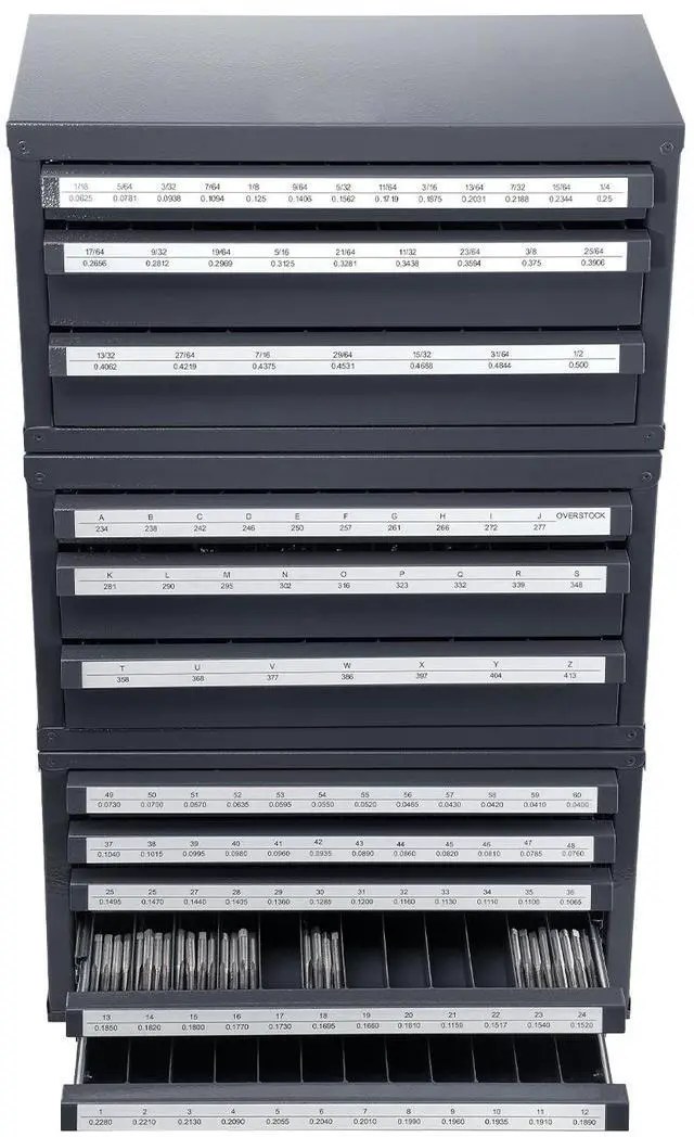 Alt view image 5 of 7 - Drill Bit Dispenser Cabinet, 3 Pieces Three-Drawer for 1/16" to 1/2" & Letter Sizes A to Z, Five-Drawer Drill Bit Organizer for Wire Gauge Sizes #1 to #60, Stackable for Drill Bit Storage