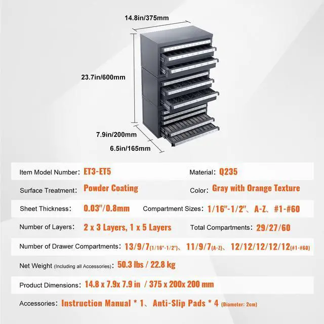Alt view image 6 of 7 - Drill Bit Dispenser Cabinet, 3 Pieces Three-Drawer for 1/16" to 1/2" & Letter Sizes A to Z, Five-Drawer Drill Bit Organizer for Wire Gauge Sizes #1 to #60, Stackable for Drill Bit Storage