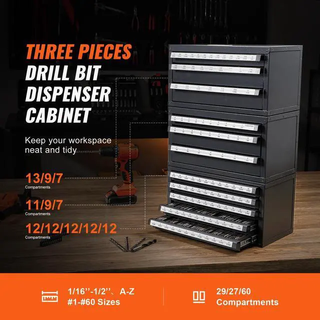 Alt view image 7 of 7 - Drill Bit Dispenser Cabinet, 3 Pieces Three-Drawer for 1/16" to 1/2" & Letter Sizes A to Z, Five-Drawer Drill Bit Organizer for Wire Gauge Sizes #1 to #60, Stackable for Drill Bit Storage