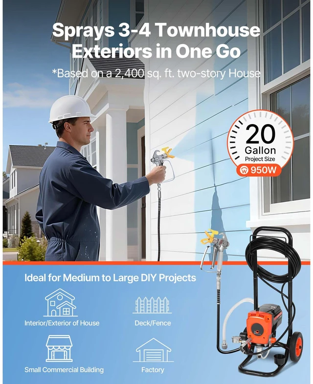 Alt view image 5 of 6 - Stand Airless Paint Sprayer, 900W, 3300PSI High Pressure Airless Sprayer with Cart, Cleaning Brush, Hose, Extension Rod, Nozzles, Electric Spray Paint Machine for Interior or Exterior of House
