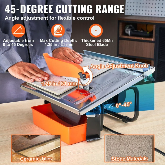 Alt view image 5 of 7 - Wet Tile Saw, 7-inch 65Mn Steel Blade, 3500 RPM Induction Motor, Tile Cutter Wet Saw with Water Reservoir, 0-45 Degrees Miter Angle for Cutting Tiles and Stones, for DIY Enthusiasts