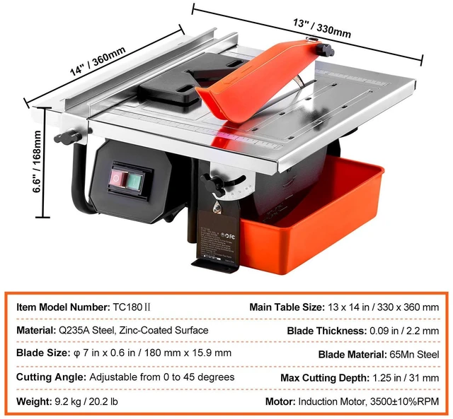 Alt view image 6 of 7 - Wet Tile Saw, 7-inch 65Mn Steel Blade, 3500 RPM Induction Motor, Tile Cutter Wet Saw with Water Reservoir, 0-45 Degrees Miter Angle for Cutting Tiles and Stones, for DIY Enthusiasts