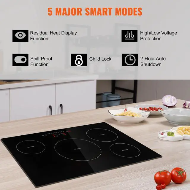 Alt view image 6 of 7 - Electric Cooktop, 4 Burners, 30'' Induction Stove Top, Built-in Magnetic Cooktop 7500W, 9 Heating Level Multifunctional Burner, LED Touch Screen with Child Lock & Over-Temperature Protection