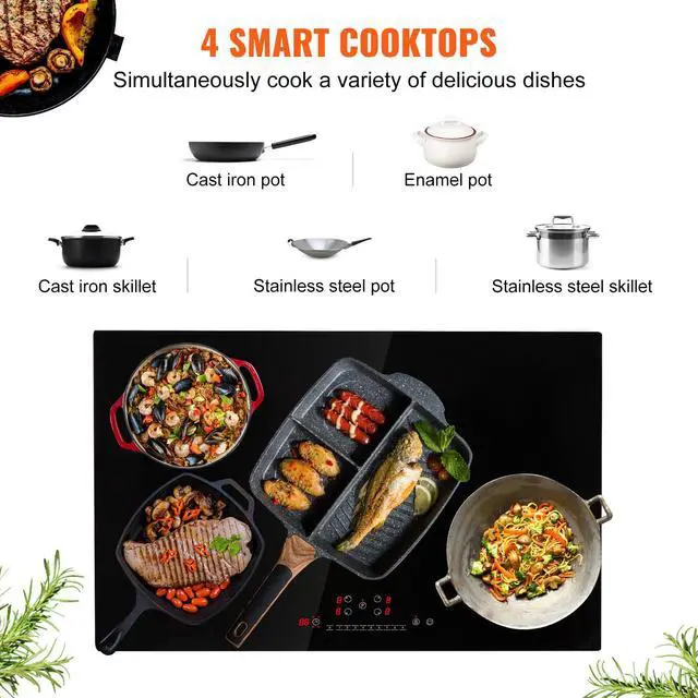 Alt view image 7 of 7 - Electric Cooktop, 4 Burners, 30'' Induction Stove Top, Built-in Magnetic Cooktop 7500W, 9 Heating Level Multifunctional Burner, LED Touch Screen with Child Lock & Over-Temperature Protection