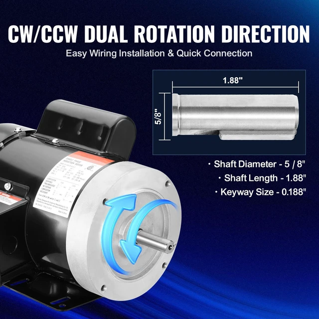 Alt view image 5 of 7 - 1HP Electric Motor 3450 rpm, AC 115V/230V, 56C Frame, Air Compressor Motor Single Phase, 5/8" Keyed Shaft, CW/CCW Rotation for Agricultural Machinery and General Equipment