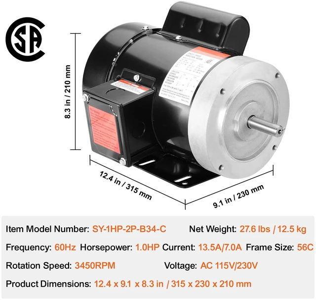 Alt view image 7 of 7 - 1HP Electric Motor 3450 rpm, AC 115V/230V, 56C Frame, Air Compressor Motor Single Phase, 5/8" Keyed Shaft, CW/CCW Rotation for Agricultural Machinery and General Equipment
