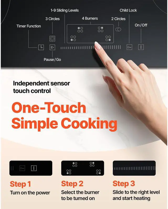 Alt view image 5 of 6 - Built in Electric Stove Top, 30.3 x 20.5 inch 4 Burners, 240V Glass Radiant Cooktop with Sensor Touch Control, Timer & Child Lock Included, 9 Power Levels for Simmer Steam Slow Cook Fry