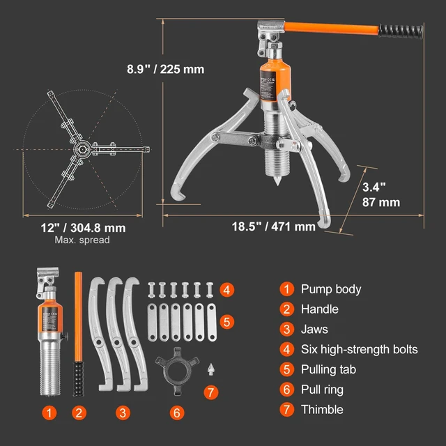 Alt view image 7 of 7 - Hydraulic Gear Puller, 15 Ton Max Capacity Wheel Bearing Pulling Separator, 2 or 3 Jaws Puller, Vertically and Horizontally, 12" Jaw Hydraulic Puller with Case for Pulling Hubs