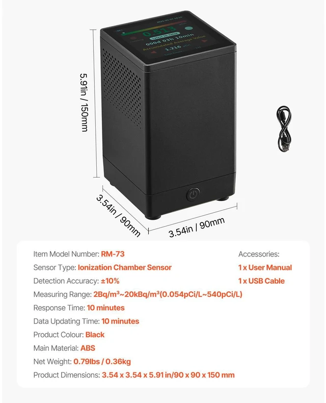 Alt view image 3 of 7 - Home Radon Meter Detector 2Bq to 20kBq/m³ Rechargeable Color LCD Display
