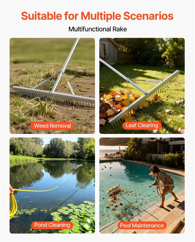 Alt view image 4 of 7 - Landscape Rake, 36 inch Wide Head 102 inch Handle, Large Heavy Duty Aluminum Landscaping Leaf Rake Tool, Asphalt Level for Loosening Soil, Garden & Yard, Pond Gravel & Beach Lawn Care, 52ft Rope