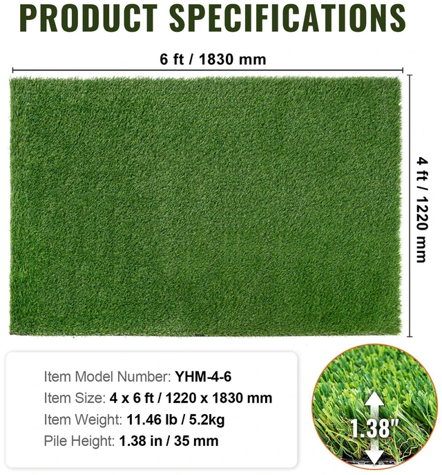 Alt view image 2 of 7 - Artifical Grass, 4 x 6 ft Rug Green Turf, 1.38"Fake Door Mat Outdoor Patio Lawn Decoration, Easy to Clean with Drainage Holes, Perfect For Multi-Purpose Home Indoor Entryway Scraper Dog Mats