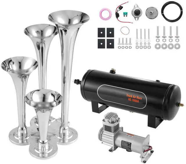 Main image of Train Horns Kit, 4 Trumpet Air Horn Kit, 150dB Train Horns for Pickup Trucks, 12V 160 psi Air Compressor 2.6 Gal/10 L Tank with Gauge for Any 12V Vehicle Car Truck Train Van Boat