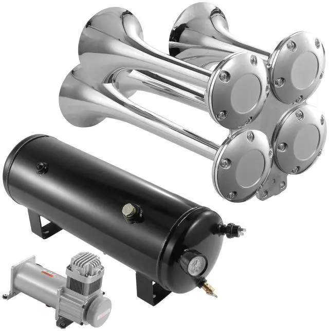 Alt view image 2 of 7 - Train Horns Kit, 4 Trumpet Air Horn Kit, 150dB Train Horns for Pickup Trucks, 12V 160 psi Air Compressor 2.6 Gal/10 L Tank with Gauge for Any 12V Vehicle Car Truck Train Van Boat
