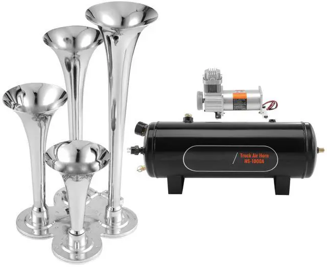 Alt view image 3 of 7 - Train Horns Kit, 4 Trumpet Air Horn Kit, 150dB Train Horns for Pickup Trucks, 12V 160 psi Air Compressor 2.6 Gal/10 L Tank with Gauge for Any 12V Vehicle Car Truck Train Van Boat