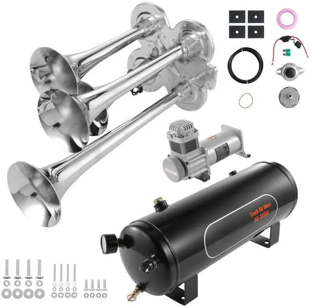 Alt view image 6 of 7 - Train Horns Kit, 4 Trumpet Air Horn Kit, 150dB Train Horns for Pickup Trucks, 12V 160 psi Air Compressor 2.6 Gal/10 L Tank with Gauge for Any 12V Vehicle Car Truck Train Van Boat