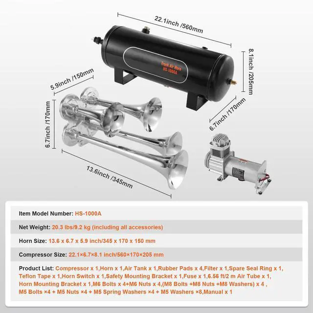 Alt view image 7 of 7 - Train Horns Kit, 4 Trumpet Air Horn Kit, 150dB Train Horns for Pickup Trucks, 12V 160 psi Air Compressor 2.6 Gal/10 L Tank with Gauge for Any 12V Vehicle Car Truck Train Van Boat