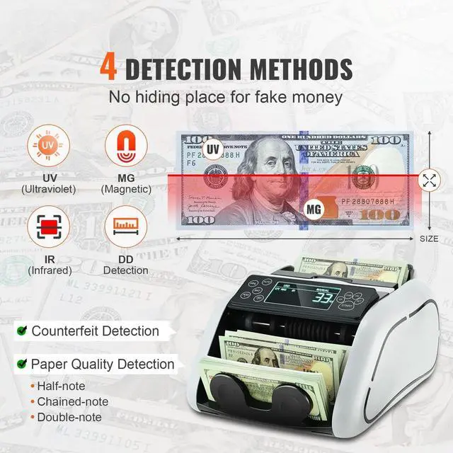 Alt view image 2 of 7 - Money Counter Machine, Bill Counter with UV, MG, IR and DD Counterfeit Detection, USD & EUR Cash Counting Machine with Large LCD & External Display for Small Business