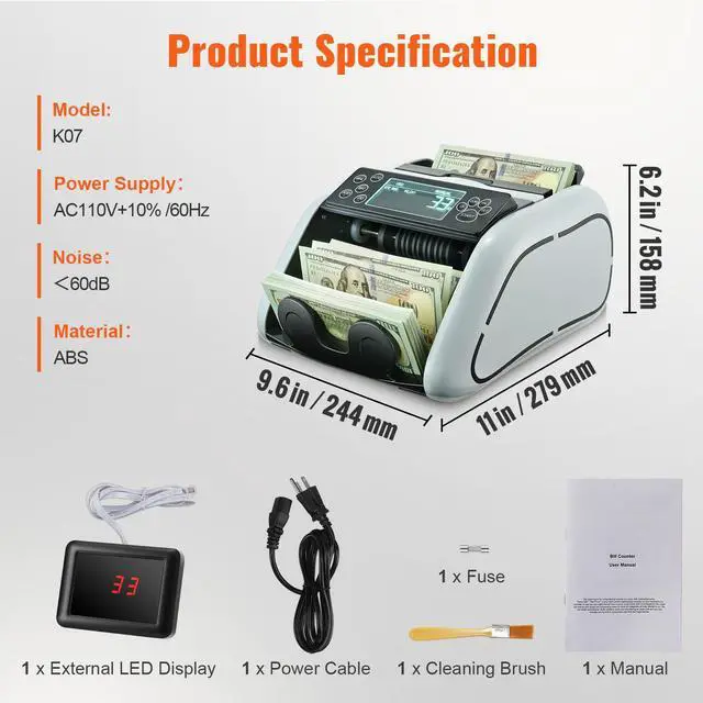Alt view image 6 of 7 - Money Counter Machine, Bill Counter with UV, MG, IR and DD Counterfeit Detection, USD & EUR Cash Counting Machine with Large LCD & External Display for Small Business