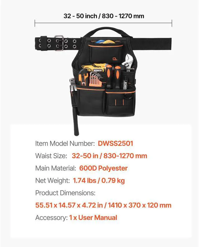 Alt view image 6 of 7 - Tool Pouch with Belt, 14 Pockets Professional Tool Belt Pouch for Men, Heavy Duty Detachable Adjustable Utility Work Bag for Electrician, Carpenter, Construction, Adjusts Waist 32 to 50 Inches