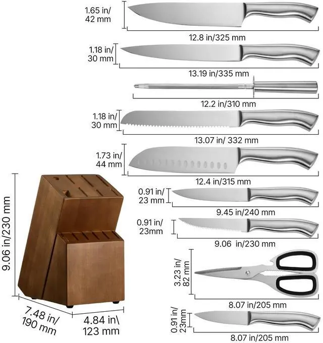 Alt view image 5 of 7 - Kitchen Knife Set with Block and Sharpener, 15 Piece German High Carbon Stainless Steel Sharp Knife Set, Kitchen Cutlery with Ergonomic Handle, Sharpening Rod and Wooden Block, for Home Cooks