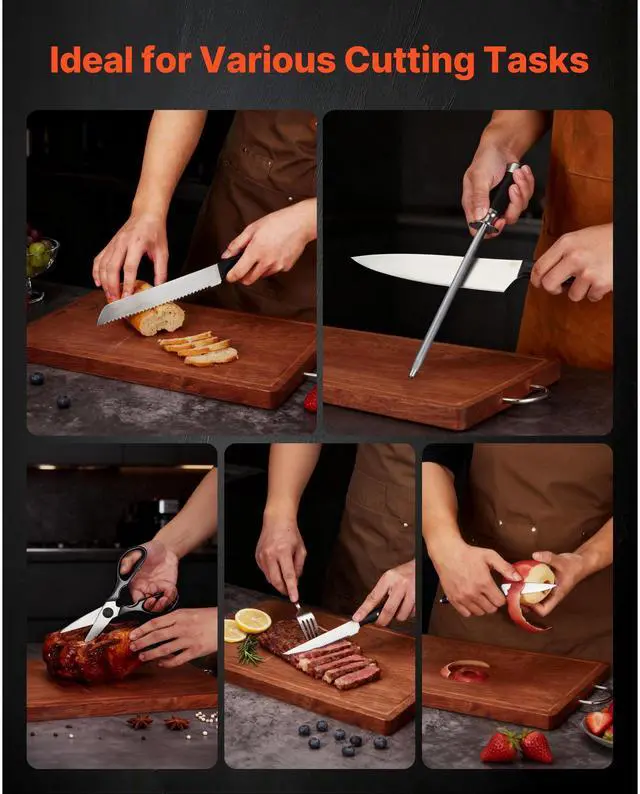 Alt view image 3 of 7 - Kitchen Knife Set with Block and Sharpener, 15 Piece High Carbon Stainless Steel Sharp Knife Set, Kitchen Cutlery with Ergonomic Handle, Sharpening Rod and Premium Wooden Block, for Home Cooks