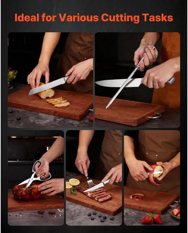 Alt view image 4 of 7 - Kitchen Knife Set with Block and Sharpener, 15 Piece German High Carbon Stainless Steel Sharp Knife Set, Kitchen Cutlery with Ergonomic Handle, Sharpening Rod and Wooden Block, for Home Cooks