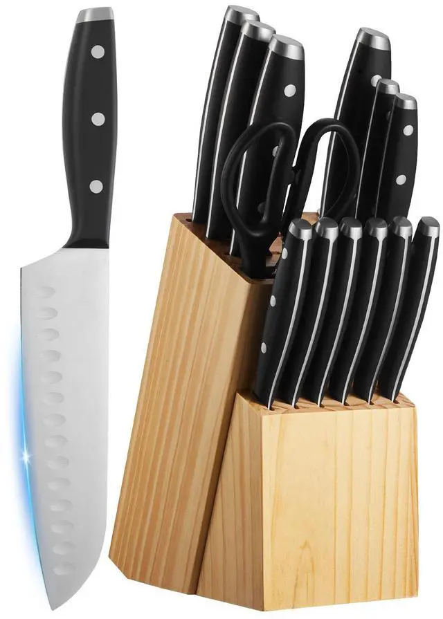 Alt view image 2 of 7 - Kitchen Knife Set with Block and Sharpener, 15 Piece High Carbon Stainless Steel Sharp Knife Set, Kitchen Cutlery with Ergonomic Handle, Sharpening Rod and Premium Wooden Block, for Home Cooks