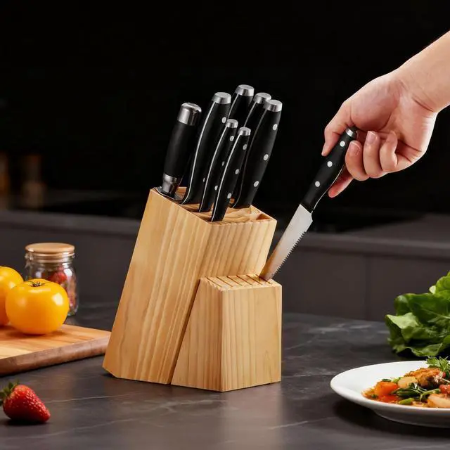 Alt view image 4 of 7 - Kitchen Knife Set with Block and Sharpener, 15 Piece High Carbon Stainless Steel Sharp Knife Set, Kitchen Cutlery with Ergonomic Handle, Sharpening Rod and Premium Wooden Block, for Home Cooks