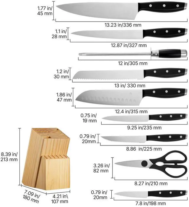 Alt view image 5 of 7 - Kitchen Knife Set with Block and Sharpener, 15 Piece High Carbon Stainless Steel Sharp Knife Set, Kitchen Cutlery with Ergonomic Handle, Sharpening Rod and Premium Wooden Block, for Home Cooks