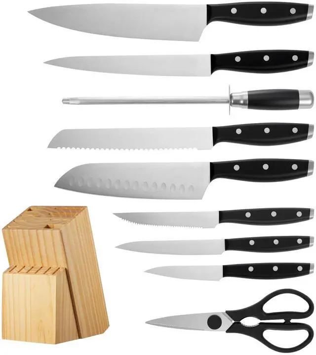 Alt view image 7 of 7 - Kitchen Knife Set with Block and Sharpener, 15 Piece High Carbon Stainless Steel Sharp Knife Set, Kitchen Cutlery with Ergonomic Handle, Sharpening Rod and Premium Wooden Block, for Home Cooks