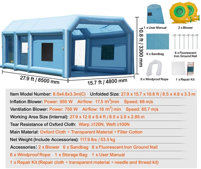 Alt view image 5 of 7 - Inflatable Paint Booth, 27.9 x 15.7 x 10.8 ft Inflatable Spray Booth, Portable Car Paint Booth for Small Truck, with 950W+750W Powerful Blowers and Air Filter System, Large Motorcycle, Midsize S