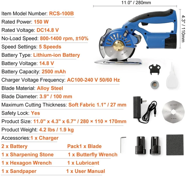 Alt view image 7 of 7 - Fabric Cutter, 5-Speed Cordless Electric Rotary Fabric Cutting Machine, 1.1" Cutting Thickness, Octagonal Knife, with Replacement Blade and Battery Charger, for Multi-Layer Cloth Fabric Leather