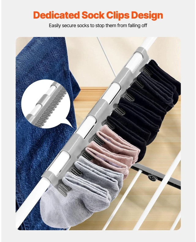 Alt view image 3 of 7 - Clothes Drying Rack, 2-Tier Foldable Laundry Dryer Rack with Sock Clips & 31 Dry Rods, Metal Height Adjustable Drying Racks for Outdoor & Indoor, Free-Standing & Space-Saving Hanger, White