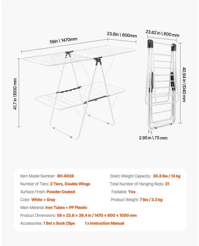 Alt view image 2 of 7 - Clothes Drying Rack, 2-Tier Foldable Laundry Dryer Rack with Sock Clips & 31 Dry Rods, Metal Height Adjustable Drying Racks for Outdoor & Indoor, Free-Standing & Space-Saving Hanger, White