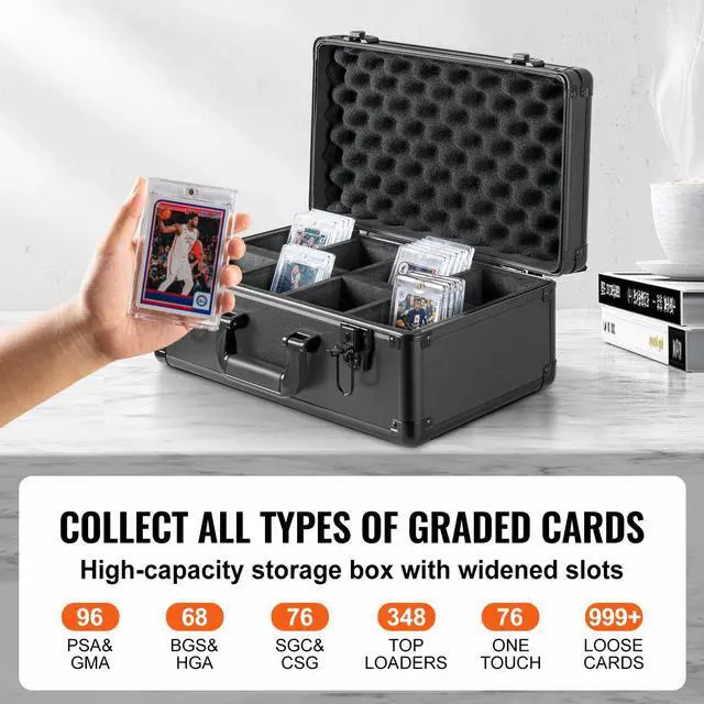 Alt view image 2 of 7 - Graded Card Storage Box, 4 Slots, Graded Sports Cards Holder Carrying Case with Key Lock Foam Dividers, for 96 PSA Graded Cards 68 BGS Cards 76 SGC Cards 348 Top Loaders or 999+ Loose Cards