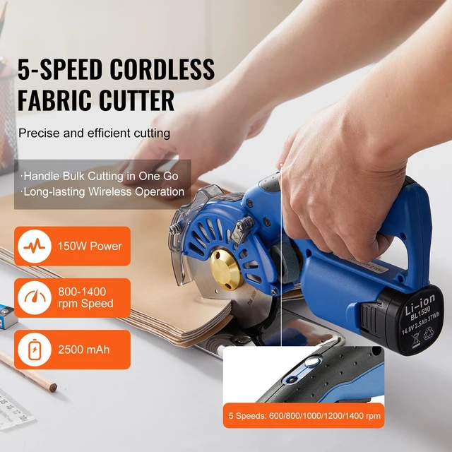 Alt view image 5 of 7 - Fabric Cutter, 5-Speed Cordless Electric Rotary Fabric Cutting Machine, 1.1" Cutting Thickness, Octagonal Knife, with Replacement Blade and Battery Charger, for Multi-Layer Cloth Fabric Leather