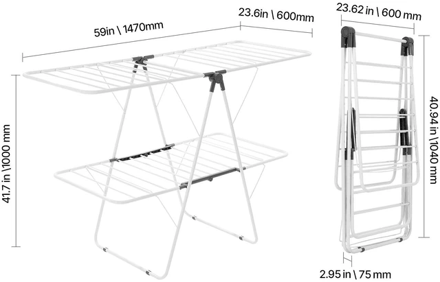Alt view image 4 of 7 - Clothes Drying Rack, 2-Tier Foldable Laundry Dryer Rack with Sock Clips & 31 Dry Rods, Metal Height Adjustable Drying Racks for Outdoor & Indoor, Free-Standing & Space-Saving Hanger, White